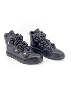 Chanel Camellia Flower High Top Sneaker Boots Navy Blue Leather Size 38 US 7–7.5